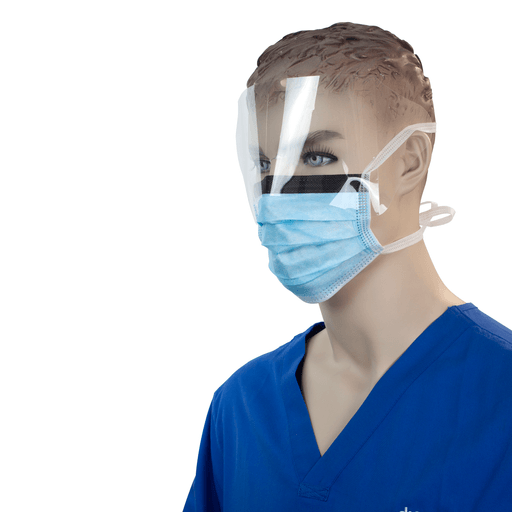 Surgical Face Mask w/ Ties & Plastic Shield, Blue, 4/50/cs | Quantity - 1x CS