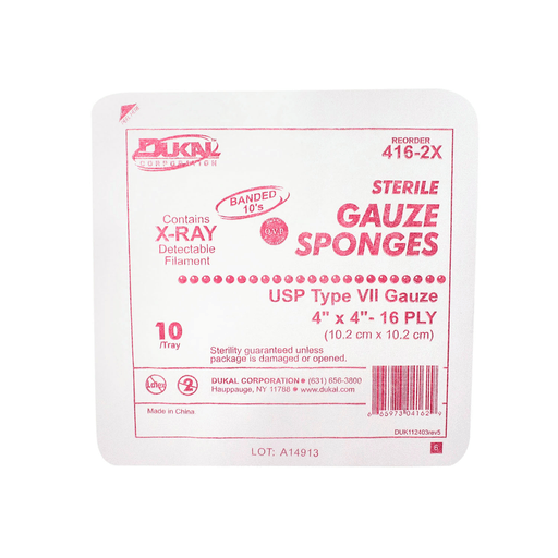 DUKAL X-RAY DETECTABLE GAUZE SPONGES - Gauze Sponge, 4" x 4", X-Ray Detectable Type VII, 16-Ply, Sterile, 10/tray, 128 tray/cs | Quantity - 1x CS