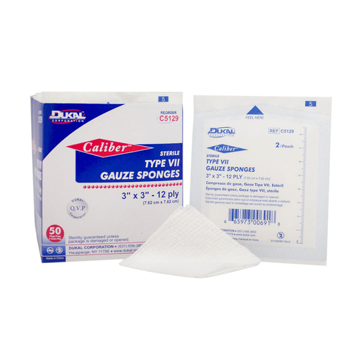 DUKAL CALIBER GAUZE SPONGES - Gauze Sponge, Type VII, Sterile, 3 x 3, 12-Ply, 2/pk, 50 pk/bx, 24 bx/cs | Quantity - 1x CS