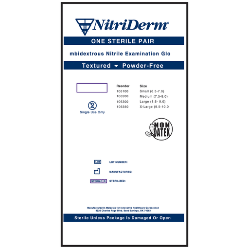 INNOVATIVE NITRIDERM STERILE POWDER-FREE NITRILE EXAM GLOVES - Gloves, Exam, Small, Nitrile, Sterile, PF, Singles, 9" Cuff, 100/bx, 4 bx/cs | Quantity - 1x CS