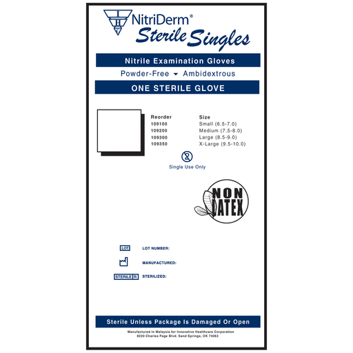 INNOVATIVE NITRIDERM STERILE POWDER-FREE NITRILE EXAM GLOVES - Gloves, Exam, Small, Nitrile, Chemo, Sterile, PF, Singles, Extended Cuff, 100/bx, 4 bx/cs | Quantity - 1x CS