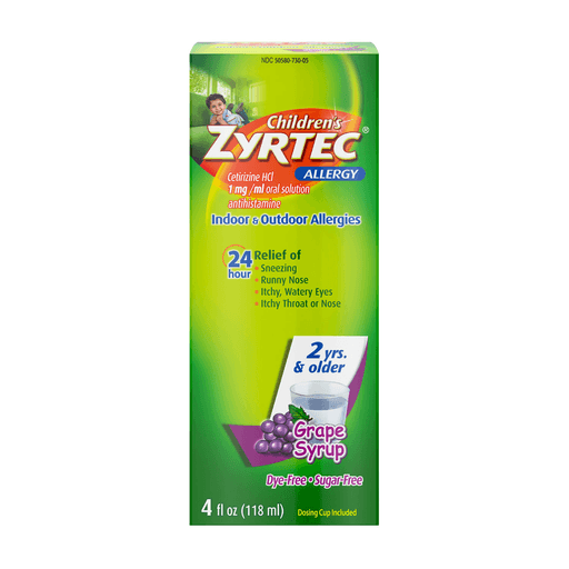 KENVUE ZYRTEC ALLERGY RELIEF - Zyrtec Allergy 24 Hour Relief, Childrens (2 yrs & older), 1mg Grape Syrup, Dye/Sugar-Free, 4 fl oz, 3/bx, 12 bx/cs (Pricing Subject to Change without Prior Notification) | Quantity - 1x CS