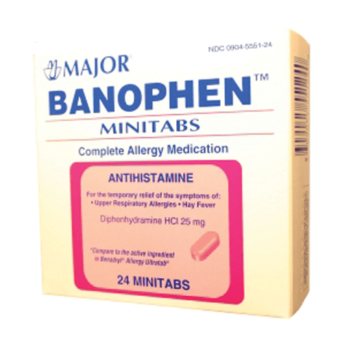 MAJOR ALLERGY CAPLETS - Banophen, Mini-Tabs, 25mg, 24s, Compare to Benadryl Mini-Tabs, 24/cs, NDC# 00904-5551-24 | Quantity - 1x CS