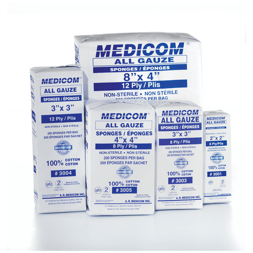 MEDICOM ALL GAUZE SPONGES - NON STERILE - Sponge, 4" x 4", 8-Ply, 200/sleeve, 20 sleeve/cs | Quantity - 1x CS