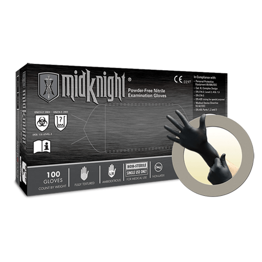 ANSELL MICROFLEX MIDKNIGHT POWDER-FREE NITRILE EXAM GLOVES - Exam Gloves, PF Nitrile, Textured, Black, Medium, 100/bx, 10 bx/cs | Quantity - 1x CS