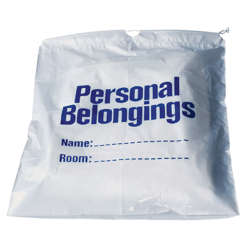 NEW WORLD IMPORTS PERSONAL BELONGINGS BAG - Belongings Bag with Handle, 18" x 20", White Bag with Blue Imprint, 250/cs | Quantity - 1x CS