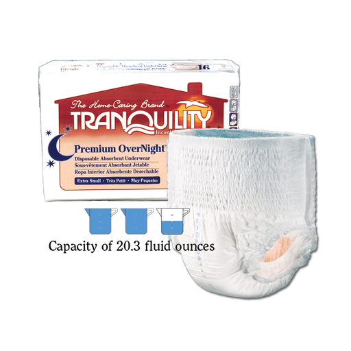 PRINCIPLE BUSINESS TRANQUILITY PREMIUM OVERNIGHT DISPOSABLE ABSORBENT UNDERWEAR - Underwear, X-Small Overnight DAU, 17"-28", 65-85 lbs, Capacity 20.3 fl oz, 22/pk, 4 pk/cs (27 cs/plt) | Quantity - 1x CS