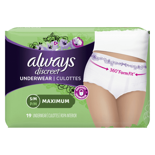 P&G DISTRIBUTING ALWAYS DISCREET UNDERWEAR - Always Discreet, Incontinence Underwear for Women, Maximum, Small/Medium, 19/bx, 3bx/cs | Quantity - 1x CS