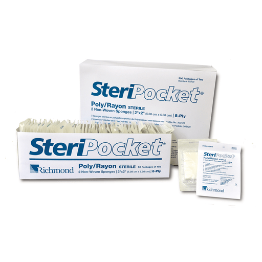 RICHMOND STERIPOCKET SPONGES - SteriPocket Sponge, Non-Woven, 8-Ply Rayon/ Poly, 2" x 2", Sterile, 2/pk, 200 pk/bx | Quantity - 1x BX