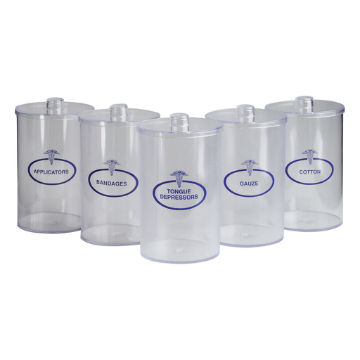 DUKAL TECH-MED SUNDRY JARS - Clear Plastic Sundry Jars, Blue Imprint, Plastic Lids, 6"H x 4"Dia, 5/cs | Quantity - 1x CS