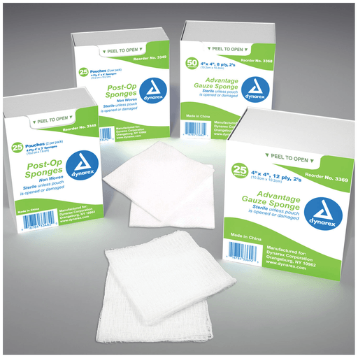 DYNAREX POST-OP SPONGES - Post-Op Sponge, Sterile, X-Ray Detectable, 4" x 4", 16-Ply, 10/tray, 128 tray/cs | Quantity - 1x CS