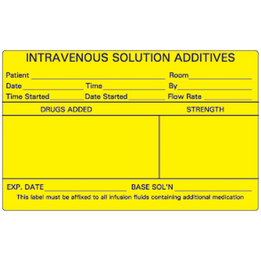 TIMEMED PATIENT CHART PRE-CUT LABELS - Intravenous Solution Additives IV Labels, 2" x 4", Yellow, 500/rl | Quantity - 1x RL