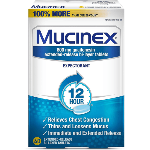 OTC | Guaifenesin, Tablets, 600 mg, Mucinex | Extended Relief | Bottle | 12 hour | (40 EA/BT) | Quantity - 1x BT40