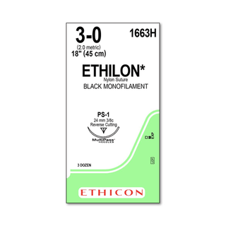 Sutures, Ethilon | Monofilament Nylon, Size 3-0 | 18" | 26 mm, Black, 3/8 Circle | Reverse Cutting (36 EA/BX) | Quantity - 1x BX36