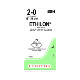 Sutures, Ethilon | Monofilament Nylon, Size 2-0 | 18" | 26 mm, Black, 3/8 Circle | Reverse Cutting (36 EA/BX) | Quantity - 1x BX36