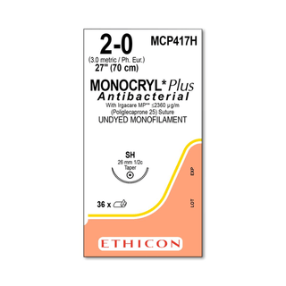 Sutures, Monocryl Plus | Antibactireal, Size 2-0 | 27" | 26 mm, Undyed, 1/2 Circle | Taper Point (36 EA/BX) | Quantity - 1x BX36