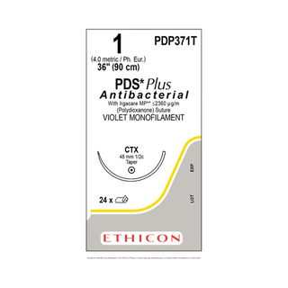 Sutures, PDS Plus Antibacterial | Polydioxanone, Size 1-0 | 36", Violet, 1/2 Circle | Taper Point | (24 EA/BX) | Quantity - 1x BX24