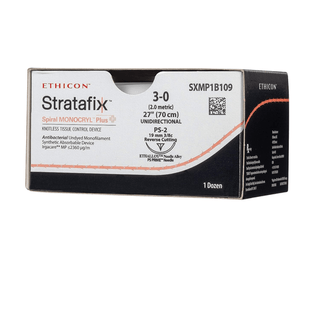 Sutures, Monocryl Plus | Stratafix | Poliglecaprone, 3-0 | 27" | 3/8 Circle | 19 mm, Undyed, Reverse Cutting (12 EA/BX) | Quantity - 1x BX12