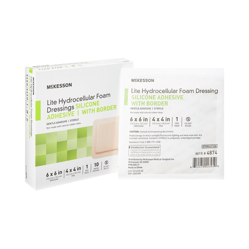 McKesson Lite Hydrocellular Foam Dressings w/ Border & Silicone Adhesive, 6 x 6" | Quantity - 1x BX