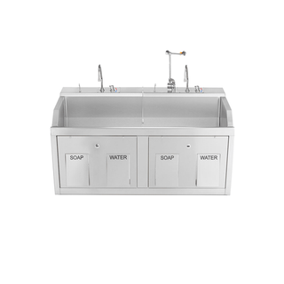 BLICKMAN SCRUB SINKSLodi Scrub Sink, (2) Place, Wall Mounted, Knee Action Control, Soap Dispenser, Infrared Water Control, Eyewash, Digital Timer | Quantity - 1x EA