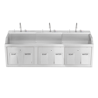 BLICKMAN SCRUB SINKSLodi Scrub Sink, (3) Place, Wall Mounted, Knee Action Control, Soap Dispenser, Infrared Water Control | Quantity - 1x EA