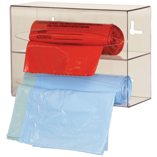 MARKETLAB BOWMAN BAG DISPENSERS - Bag Dispenser, Double, Holds Two Rolls of Bags up to 9" Long, Two-Way Keyholes For Vertical Or Horizontal Wall Mounting, Clear PETG Plastic, 10 1/8"W x 7 1/8"H x 3 15/16"D (Made in USA) | Quantity - 1x EA