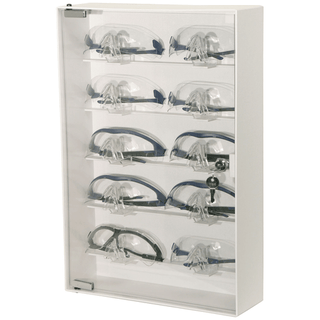 MARKETLAB BOWMAN SAFETY GLASS DISPENSER - Eyewear Cabinet, Locking, Holds up to 10 pr of Safety Glasses on Nose Holders, Keyholes For Wall Mounting, White ABS Plastic & Clear PETG Plastic, 13"W x 20"H x 4 1/8"D (Made in USA) | Quantity - 1x EA