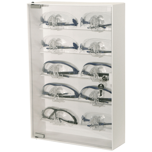 MARKETLAB BOWMAN SAFETY GLASS DISPENSER - Eyewear Cabinet, Locking, Holds up to 10 pr of Safety Glasses on Nose Holders, Keyholes For Wall Mounting, White ABS Plastic & Clear PETG Plastic, 13"W x 20"H x 4 1/8"D (Made in USA) | Quantity - 1x EA