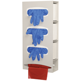 MARKETLAB BOWMAN PROTECTION ORGANIZER - Triple Glove & Single Roll Bag Dispenser, Holds Three Boxes of Gloves & One Roll of Bags (Up to 9"L), Keyholes For Wall Mounting, Quartz ABS Plastic, 10 1/8"W x 20 3/8"H x 3 15/16"D (Made in USA) | Quantity - 1x EA