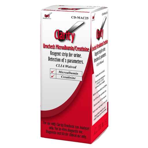 CLARITY DIAGNOSTICS URINALYSISClarity Urocheck Microalbumin/Creatinine Urine Strips, CLIA Waived, For Use With Clarity Urocheck 120C Urine Analyzer Only, 1 Product Insert, 25 strips/bx | Quantity - 1x BX