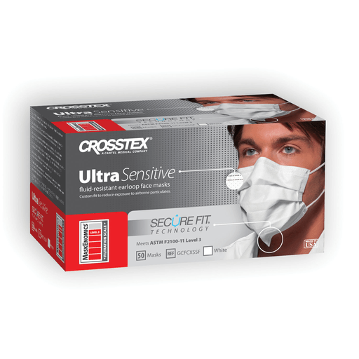 CROSSTEX SECUREFIT ULTRA SENSITIVE EARLOOP MASK - ASTM Level 3 Earloop Mask, White, 50/bx, 10 bx/ctn | Quantity - 1x CTN