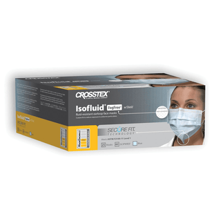 CROSSTEX SECUREFIT ISOFLUID FACE MASK - ASTM Level 1 Earloop Mask with Splash Shield, FogFree, Blue, 25/bx, 4 bx/ctn | Quantity - 1x CTN