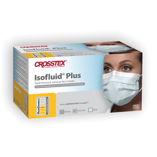 CROSSTEX ISOFLUID PLUS EARLOOP MASK - ASTM Level 1 Mask, Latex Free (LF), Blue, 50/bx, 10 bx/ctn | Quantity - 1x CTN