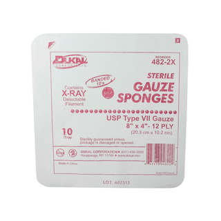 DUKAL X-RAY DETECTABLE GAUZE SPONGES - Gauze Sponge, 8" x 4" X-Ray Detectable Type VII, 12-Ply, Sterile, 10/tray, 48 tray/cs | Quantity - 1x CS