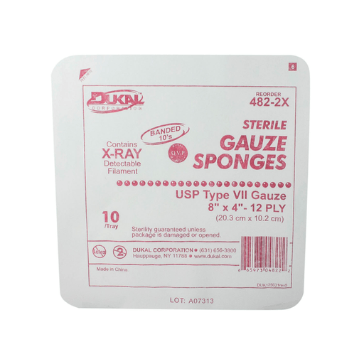 DUKAL X-RAY DETECTABLE GAUZE SPONGES - Gauze Sponge, 8" x 4" X-Ray Detectable Type VII, 12-Ply, Sterile, 10/tray, 48 tray/cs | Quantity - 1x CS