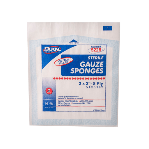 DUKAL WOVEN COTTON GAUZE SPONGES - Gauze Sponge, 2" x 2", Sterile, 8-Ply, Cotton Filled, 2/pk, 50 pk/bx, 24 bx/cs (50 cs/plt) | Quantity - 1x CS