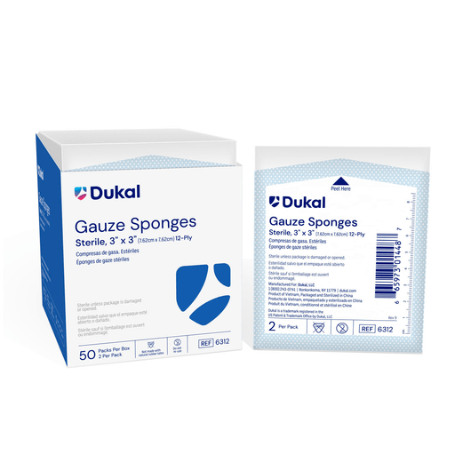 DUKAL WOVEN COTTON GAUZE SPONGES - Gauze Sponge, 3" x 3", Sterile, 12-Ply, 2/pk, 50 pk/bx, 24 bx/cs | Quantity - 1x CS