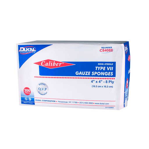 DUKAL CALIBER GAUZE SPONGESGauze Sponge, Type VII, Non-Sterile, 4" x 4", 8-Ply, 200/bg, 20 bg/cs (36 cs/plt) | Quantity - 1x CS