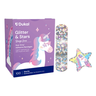 DUKAL CHILDRENS CHARACTER ADHESIVE BANDAGESStat Strip Adhesive Bandage, Glitter & Stars, 3/4" x 3", 100/bx, 12 bx/cs | Quantity - 1x CS