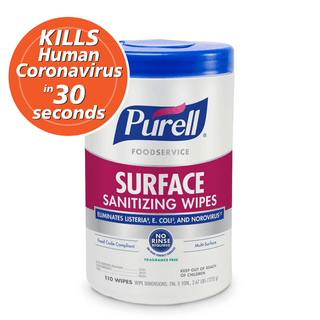 GOJO PURELL FOODSERVICE SURFACE SANITIZER - Purell Foodservice Surface Sanitizing Wipes, 7"x10" Wipes, 110ct Canister, 6/ct (Item is considered HAZMAT and cannot ship via Air or to AK, GU, HI, PR, VI) | Quantity - 1x CT