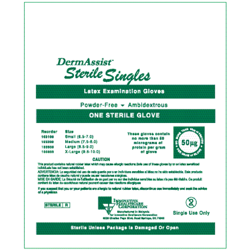 INNOVATIVE DERMASSIST POWDER-FREE STERILE LATEX EXAM GLOVES - Gloves, Exam, Large (8 - 9), Latex, Sterile, Powder-Free (PF), Singles, 100/bx, 4 bx/cs | Quantity - 1x CS
