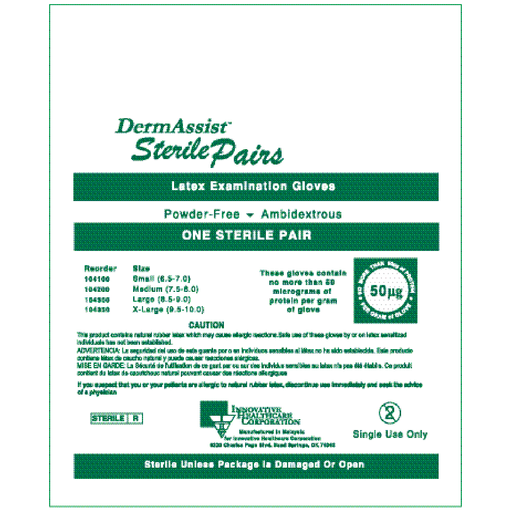 INNOVATIVE DERMASSIST POWDER-FREE STERILE LATEX EXAM GLOVES - Gloves, Exam, Small (6 - 7), Latex, Sterile, Powder-Free (PF), Pairs, 50 pr/bx, 4 bx/cs (96 cs/plt) | Quantity - 1x CS