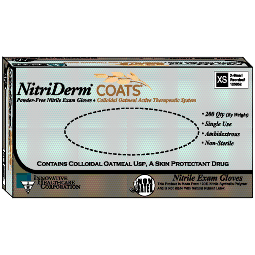 INNOVATIVE NITRIDERM COATS POWDER-FREE NITRILE EXAM GLOVES - Gloves, Small, Exam, Nitrile, Non-Sterile, PF, Colloidal Oatmeal, Therapeutic, 200/bx, 10 bx/cs (50 cs/plt) | Quantity - 1x CS