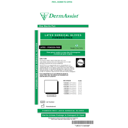 INNOVATIVE DERMASSIST SURGICAL POWDER-FREE GLOVES - Gloves, Surgical, Powder Free (PF), Size 8, Latex, Sterile, Textured Finish, 50 pr/bx, 4 bx/cs (54 cs/plt) | Quantity - 1x CS