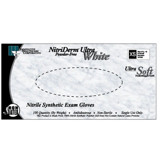INNOVATIVE NITRIDERM ULTRA WHITE NITRILE SYNTHETIC POWDER-FREE EXAM GLOVES - Gloves, Exam, Medium, Nitrile, Non-Sterile, PF, Textured, ThinFilm, White, 100/bx, 10bx/cs (80 cs/plt) | Quantity - 1x CS