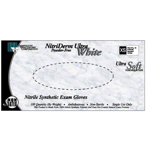 INNOVATIVE NITRIDERM ULTRA WHITE NITRILE SYNTHETIC POWDER-FREE EXAM GLOVES - Gloves, Exam, Small, Nitrile, Non-Sterile, PF, Textured, ThinFilm, White, 100/bx, 10bx/cs (80 cs/plt) | Quantity - 1x CS