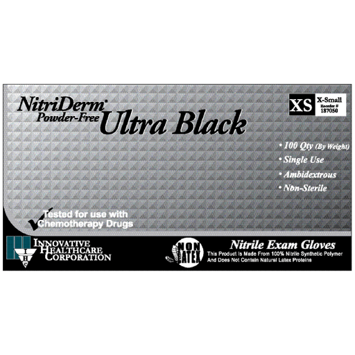 INNOVATIVE NITRIDERM ULTRA BLACK POWDER-FREE NITRILE SYNTHETIC GLOVESGloves, Exam, Large, Nitrile, Chemo & Fentanyl Tested, Non-Sterile, PF, Textured, Black, 100/bx, 10 bx/cs (96 cs/plt) | Quantity - 1x CS