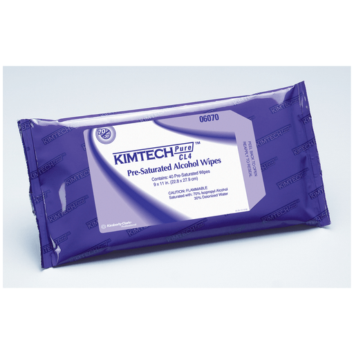 KIMBERLY-CLARK ALCOHOL WIPESKIMTECH PURE W4, CL4 PreSat Alcohol Wipe, White, 9" x 11", 40/pk, 10 pk/cs (Item is considered HAZMAT and cannot ship via Air or to AK, GU, HI, MP, PR, VI) | Quantity - 1x CS
