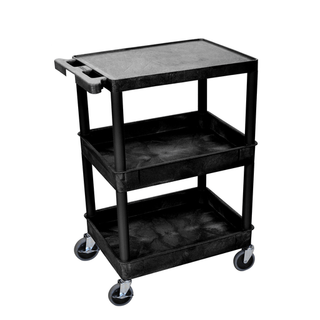 LUXOR FLAT TOP UTILITY CARTSUtility Cart, Flat Top, Middle/Bottom Tub Shelves (2.75" Deep each), Black, 24"W x 18"D x 36.5"H, with (4) 4" Heavy Duty Casters (2 with Locking Brakes), Maximum Weight Capacity 300lbs, Assembly Required | Quantity - 1x EA