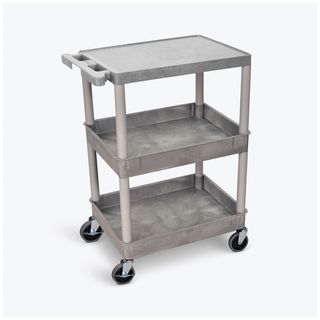 LUXOR FLAT TOP UTILITY CARTSUtility Cart, Flat Top, Middle/Bottom Tub Shelves (2.75" Deep each), Gray, 24"W x 18"D x 36.5"H, with (4) 4" Heavy Duty Casters (2 with Locking Brakes), Maximum Weight Capacity 300lbs, Assembly Required | Quantity - 1x EA